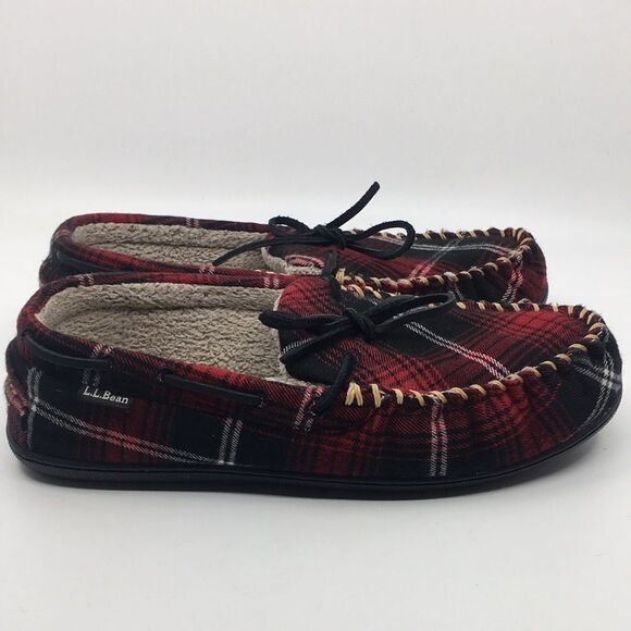 L.L. Bean Wicked Good Slipper Moccasins Mens Size 9 M Red Tartan Plaid - Picture 1 of 16